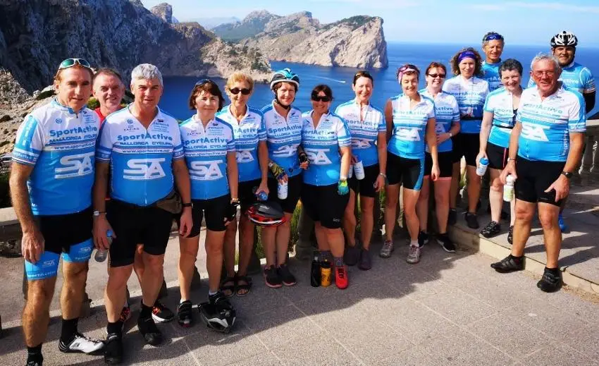 SportActive cyclists including the Legend Sean Kelly in a group shot at Cap Formentor Mallorca